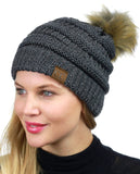 NYFASHION101 Soft Stretch Cable Knit Faux Fur Pom Pom Metal Color Beanie Hat