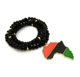 Pan Africa Continent Pendant with  8mm 36" Black Wooden Bead and Metal Disc Necklace, Gold-Tone