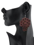 Wooden Floral Turban Fro African Woman Head Dangle Pierced Earrings