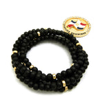 Stone Stud Dominican Republic Waving Flag Medal Pendant with 6mm 30" Wood Bead Color Disc Necklace, Black Wood/Gold-Tone