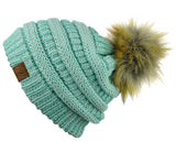 NYFASHION101 Soft Stretch Cable Knit Faux Fur Pom Pom Metal Color Beanie Hat