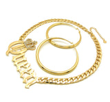 Stone Stud Crowned Queen Pendant Chain Necklace with Polished Hoop Earrings Jewelry Set
