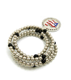 Stone Stud Puerto Rico Waving Flag Medal Pendant with 6mm 30" CCB Bead Necklace, Silver-Tone