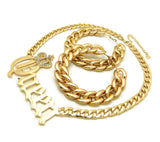 Stone Stud Crowned Queen Pendant Chain Necklace with Bamboo Style Hoop Earrings Jewelry Set