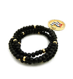 Stone Stud Cuba Waving Flag Medal Pendant with 6mm 30" Wood Bead Color Disc Necklace, Black Wood/Gold-Tone