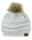 NYFASHION101 Soft Stretch Cable Knit Faux Fur Pom Pom Metal Color Beanie Hat