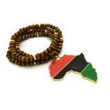 Pan Africa Continent Pendant with  6mm 30" Wooden Bead and Metal Disc Necklace, Gold-Tone/Brown Wood
