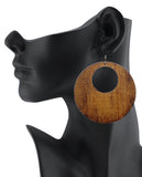 Women's Large Round Flat Wood Dangle Pierced Earrings