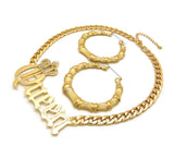 Stone Stud Crowned Queen Pendant Necklace with Bamboo Hoop Earrings Jewelry Set