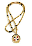 Stone Stud Waving Flag Medal Pendant with 6mm 30" CCB Bead Necklace in Gold-Tone, Dominican Republic