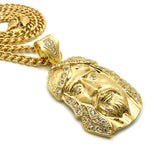 Stone Stud Hair Jesus Face Pendant with 6mm Cuban Chain in Gold-Tone, 30"