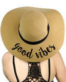 C.C Women's Paper Weaved Beach Time Embroidered Quote Floppy Brim Sun Hat