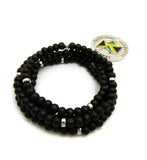 Stone Stud Jamaica Waving Flag Medal Pendant with 6mm 30" Wood Bead Color Disc Necklace, Black Wood/Silver-Tone
