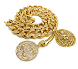 Hip Hop Rapper's Style Iced Out Cuban Chain & Stone Stud QC Pendant with Box Chain Necklace Set