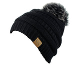 NYFASHION101 Soft Stretch Cable Knit Faux Fur Pom Pom Beanie Hat