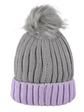 D&Y Rib Knit Beanie With Two Tone Cuff And Faux Fur Pom