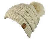 NYFASHION101 Soft Stretch Cable Knit Faux Fur Pom Pom Beanie Hat