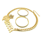 Stone Stud Crowned Queen Pendant Chain Necklace with Rhinestone Hoop Earrings Jewelry Set