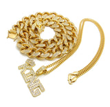 Hip Hop Rapper's Style Iced Out Cuban Chain & Stone Stud Crowned KING Pendant with Box Chain Necklace Set