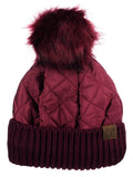 C.C Soft Quilted Puffer Detachable Faux Fur Pom Inner Lined Cuff Beanie Hat