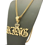 Stone Stud Crown Calligraphic KING Pendant w/6mm 24" Cuban Chain Necklace, Gold-Tone