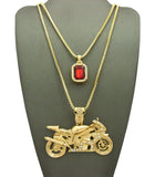 Ruby Red Gemstone & Stone Stud Motorcycle Pendant Set w/ 2mm 24" & 30" Box Chains in Gold-Tone