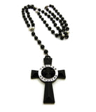 Veritas Aequitas Cross Pendant with 6mm 30" Black and Color Stone Bead Rosary Necklace