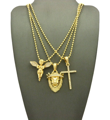 Extended Wing Angel, King Lion, & Slim Cross Pendant Set w/ 2mm 24" Ball Chain Necklaces in Gold-Tone