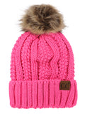 C.C Thick Cable Knit Faux Fuzzy Fur Pom Fleece Lined Skull Cap Cuff Beanie