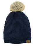 C.C Horizontal Knit Faux Fur Pom Back Drawstring Slouch Beanie Hat