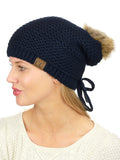 C.C Horizontal Knit Faux Fur Pom Back Drawstring Slouch Beanie Hat