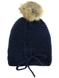 C.C Horizontal Knit Faux Fur Pom Back Drawstring Slouch Beanie Hat