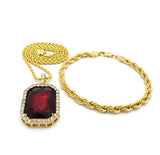Faux Ruby Stone Pendant 2mm 24" Rope Chain Necklace & 5mm 8" Rope Chain Bracelet Set in Gold-Tone