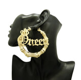 Queen Charm Bamboo Door Knocker Hoop Pincatch Earrings