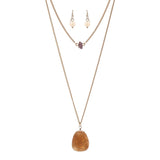 Women's Flat Oval Stone Pendant Necklace and Earrings Set