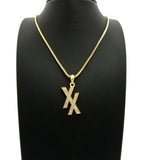 Stone Stud Double X Pendant w/ 2mm 24" Box Chain Necklace
