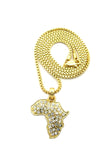 Rhinestone Studded Mini Africa Continent Pendant w/ Chain Necklace in Gold-Tone