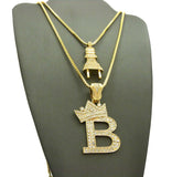 Stone Stud Power Plug & Tilted Crown Initial B Pendant Set w/ Gold-Tone Box Chain Necklaces