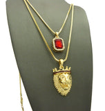 Black Stone Crown King Lion & Gemstone Pendant Set w/ Chain Necklace