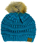 NYFASHION101 Soft Stretch Cable Knit Faux Fur Pom Pom Metal Color Beanie Hat