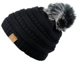 NYFASHION101 Soft Stretch Cable Knit Faux Fur Pom Pom Beanie Hat