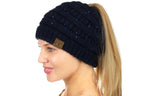 C.C Sparkly Sequin Cable Knit Messy High Bun Ponytail Beanie