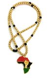Pan Africa Continent Pendant with 6mm 30" CCB Bead Necklace, Gold-Tone/Power Fist on Pan Africa