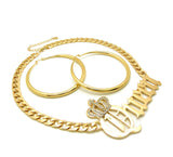 Stone Stud Crowned Queen Pendant Chain Necklace with Polished Hoop Earrings Jewelry Set