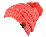 NYFASHION101 Soft Stretch Cable Knit Faux Fur Pom Pom Beanie Hat