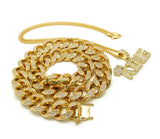 Hip Hop Rapper's Style Iced Out Cuban Chain & Stone Stud Crowned KING Pendant with Box Chain Necklace Set