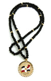 Stone Stud Dominican Republic Waving Flag Medal Pendant with 6mm 30" Wood Bead Color Disc Necklace, Black Wood/Gold-Tone
