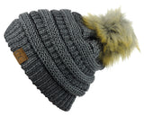 NYFASHION101 Soft Stretch Cable Knit Faux Fur Pom Pom Metal Color Beanie Hat