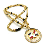 Stone Stud Waving Flag Medal Pendant with 6mm 30" CCB Bead Necklace in Gold-Tone, Dominican Republic