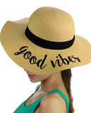 C.C Women's Paper Weaved Beach Time Embroidered Quote Floppy Brim Sun Hat